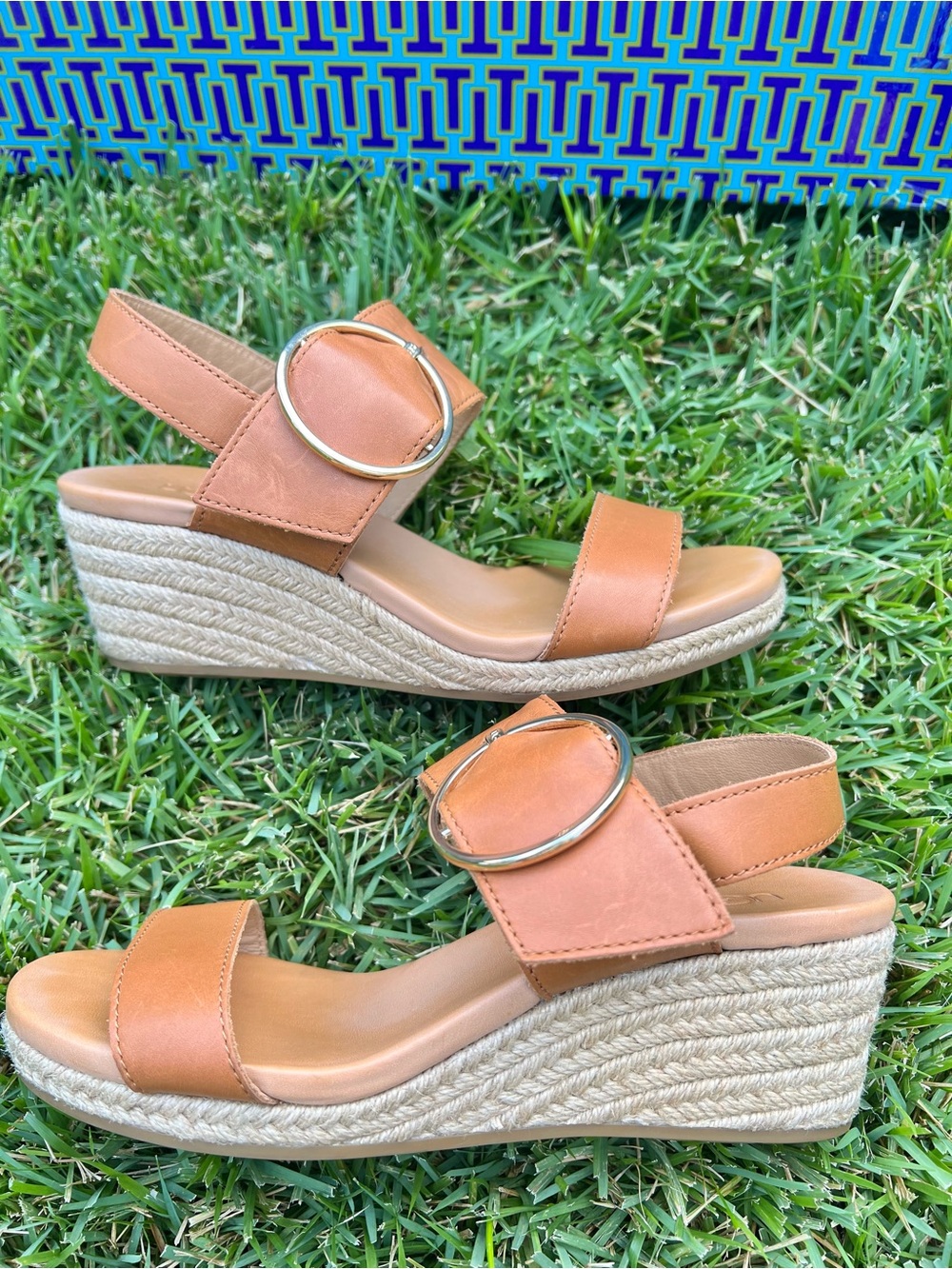 UGG Tan Leather Buckle Wedge Espadrilles Sandals cushioned footbed comfort 6.5